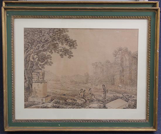 Early 19th century English School Figures beside classical ruins, 14.5 x 20.25in.